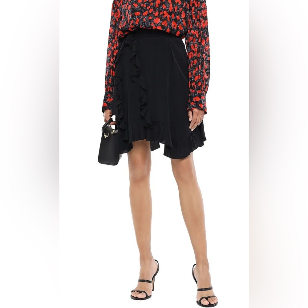 IRO Paris NEW Wispy Asymmetric Hem Ruffled Crepe de Chine Silk Skirt Black Sz 36